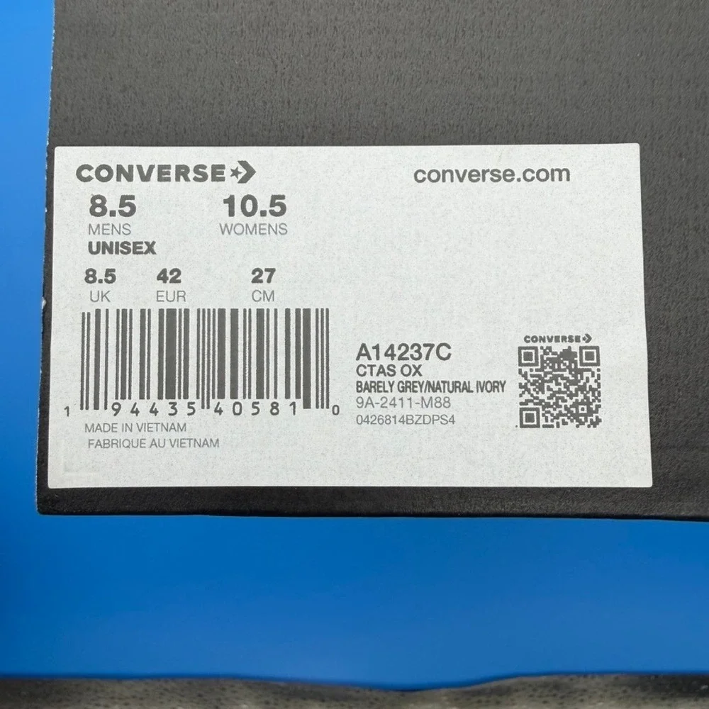 Converse CTAS OX Barely Grey Natural‎ Ivory A14237C 8.5 10.5W